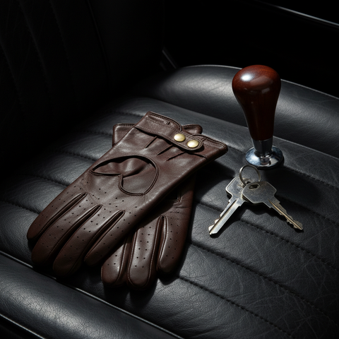 Bruine handschoenen met autosleutels op leren zetel