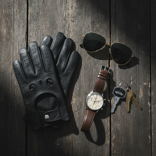 Flat lay met handschoenen, zonnebril, horloge en sleutels