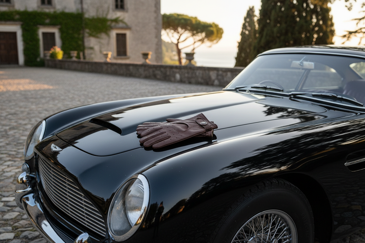 Lederen autohandschoenen met klassieke oldtimer